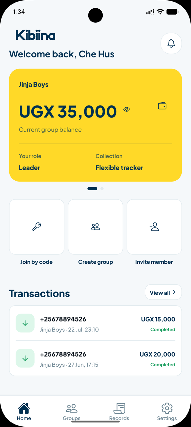 Kibiina light mode home screen showing a savings group balance