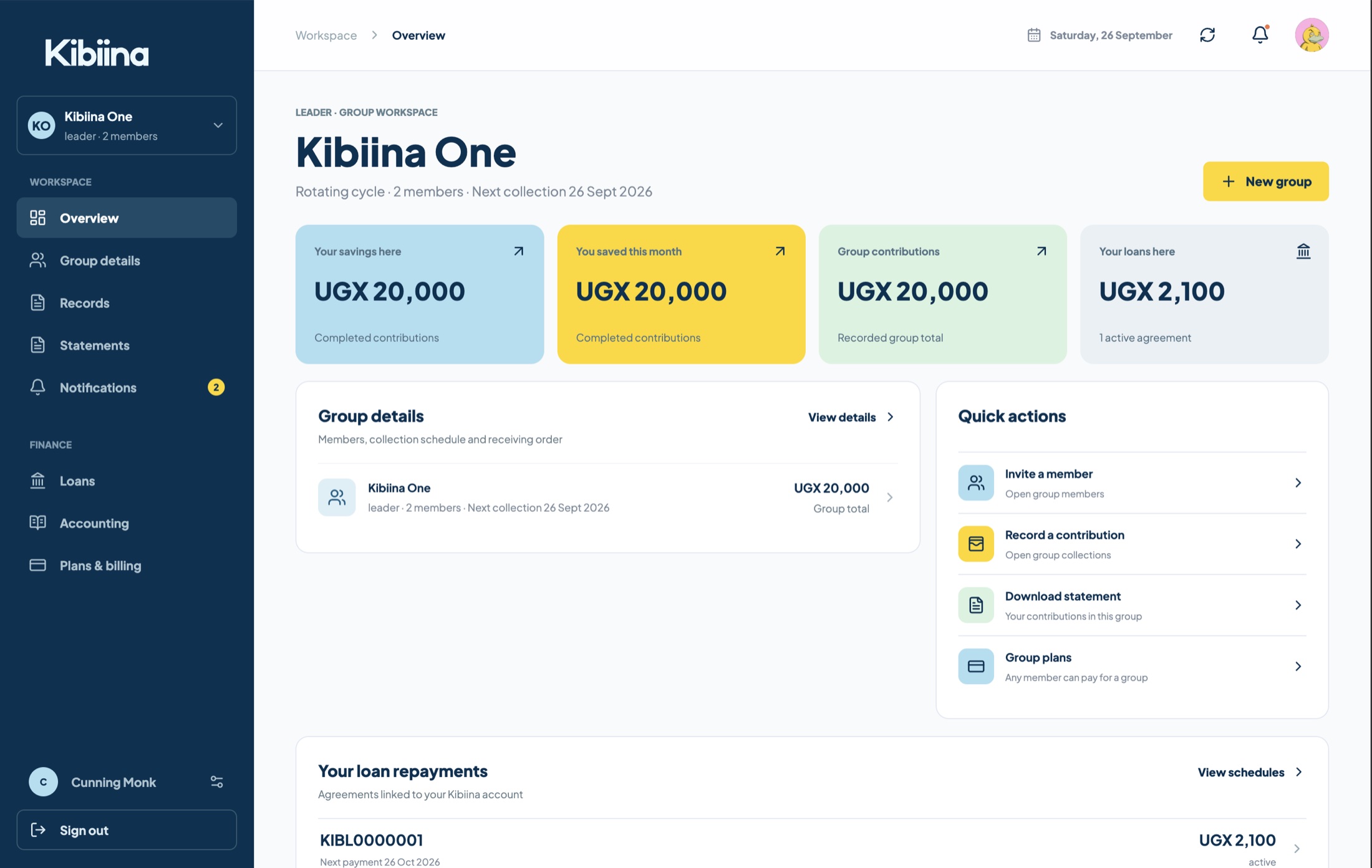 Kibiina desktop workspace showing group savings, contributions, loans, and quick actions