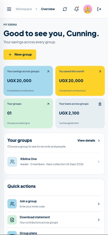 Kibiina mobile dashboard with group balances and quick actions